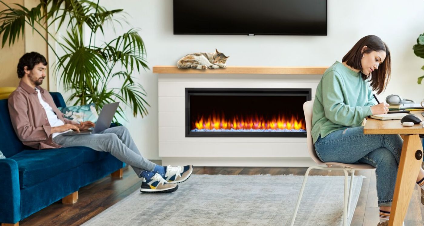 dd an electric fireplace, any time. Available with mantel or build-out kit and in 50, 60 and
						72-inch widths.